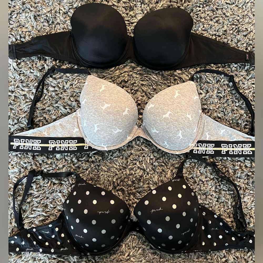Victoria's Secret Black and Gray Bras Set with Molded Cups and Decorative Styles